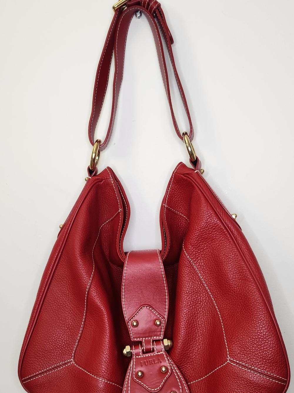 Furla Red Pebbled Leather Shoulder Hobo Bag